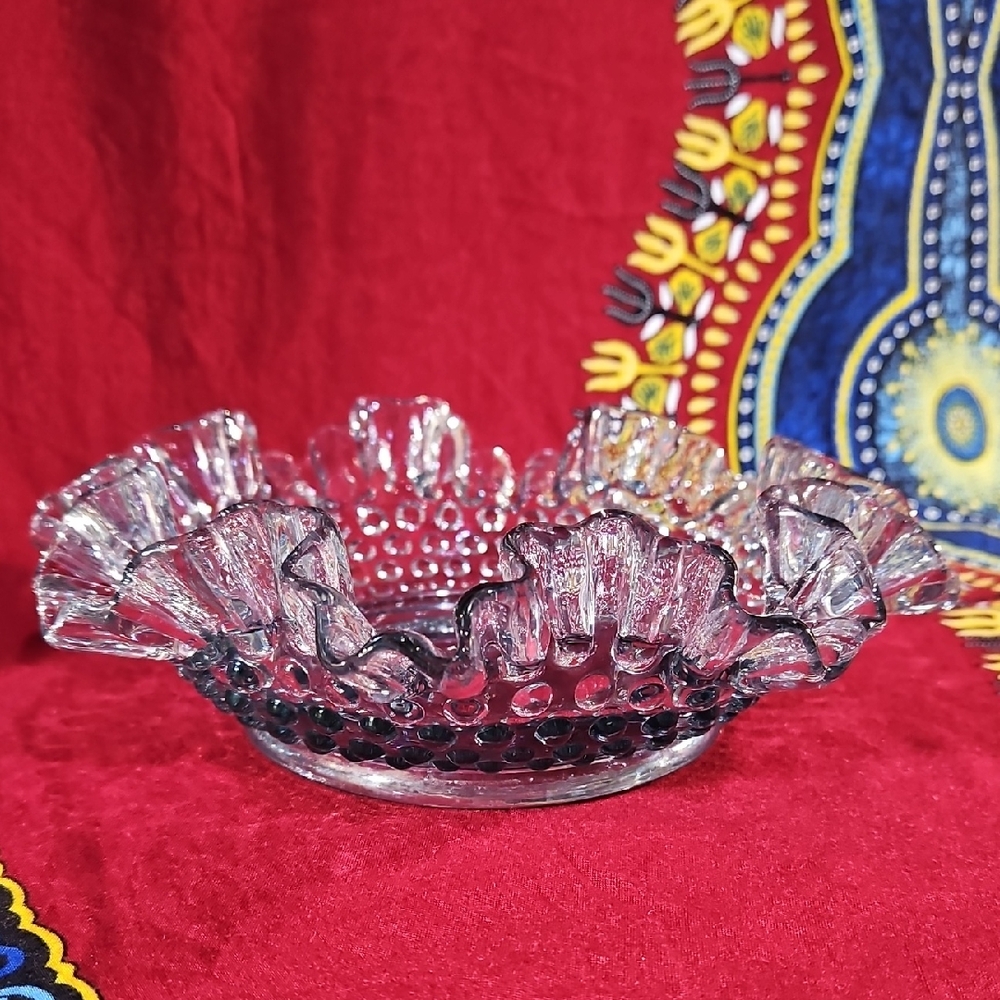 Fenton Glass "Smoke" Gray Ruffled Hobnail Pattern Bowl, UV Reactive Manganese